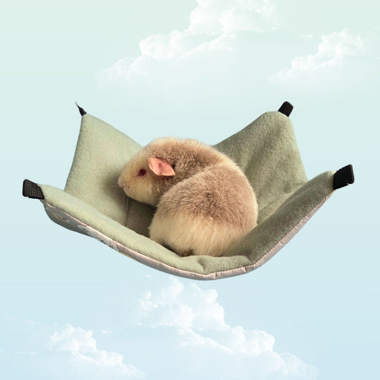 Handmade Reversible Snuggle Hammock for Small Animals - Dusty Green / Mint and Grey Unicorns with a guinea pig