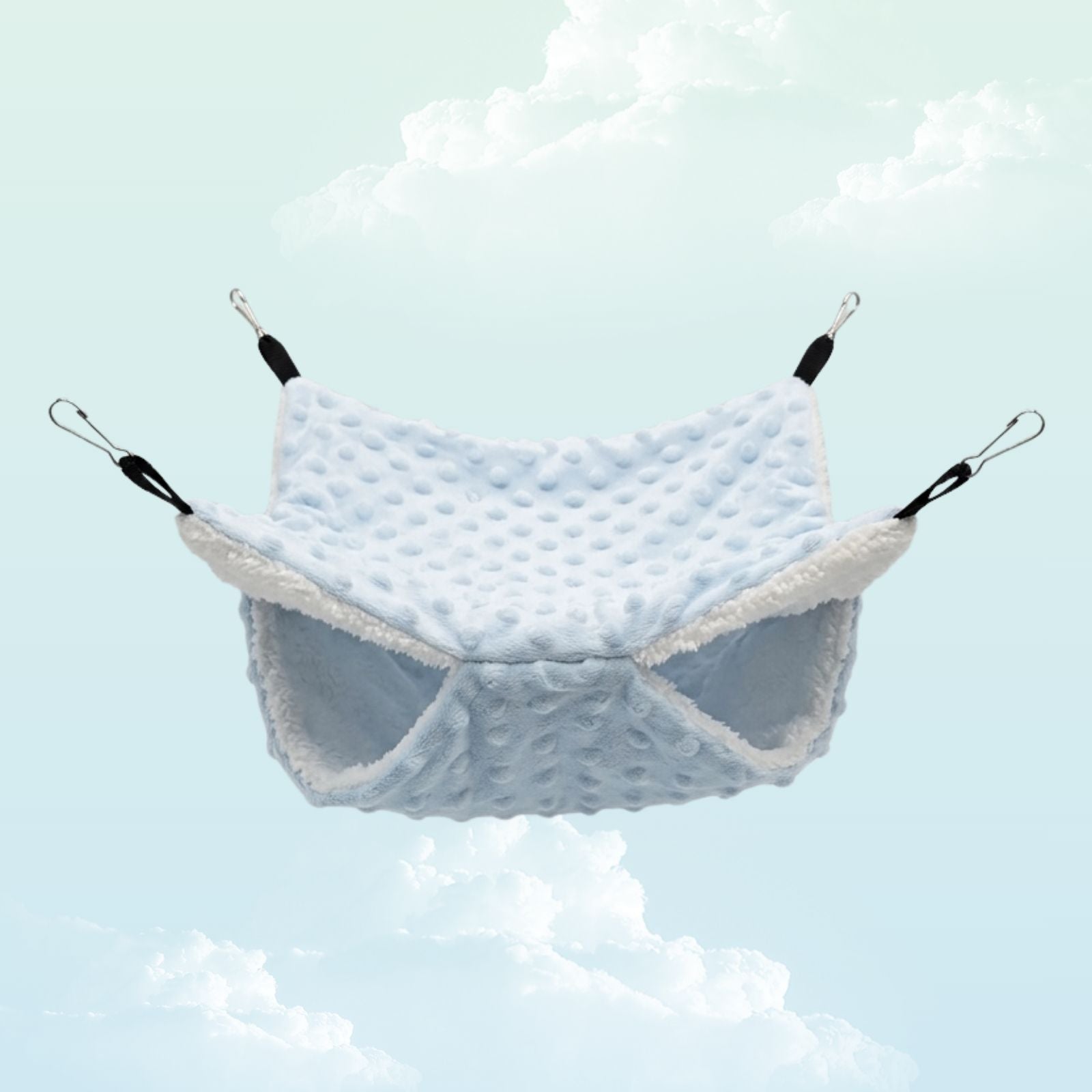 Double layer light blue and white minky fleece hammock for guinea pigs photographed from the front— My Sleepy Friend