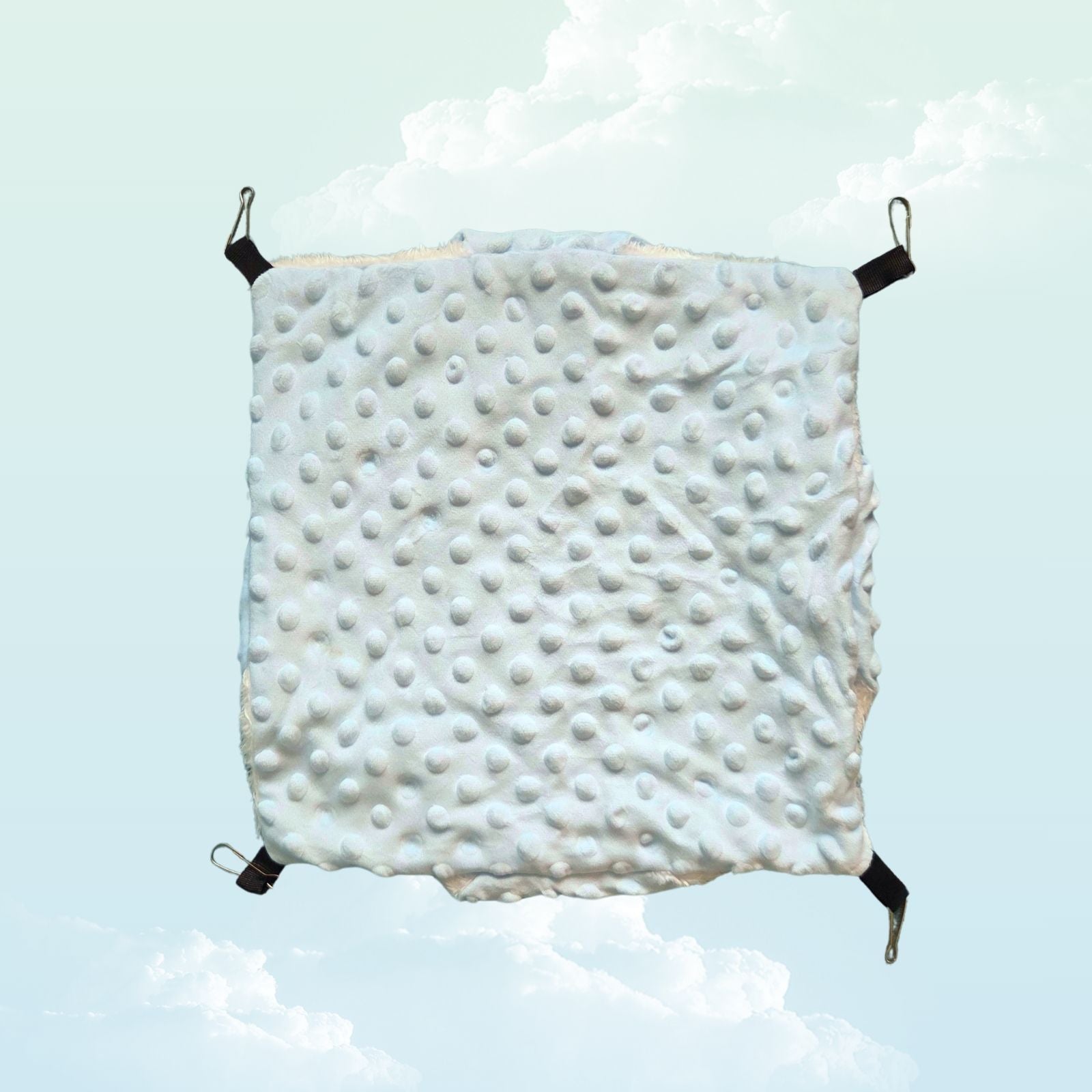 Double layer light blue and white minky fleece hammock for guinea pigs photographed from above — My Sleepy Friend
