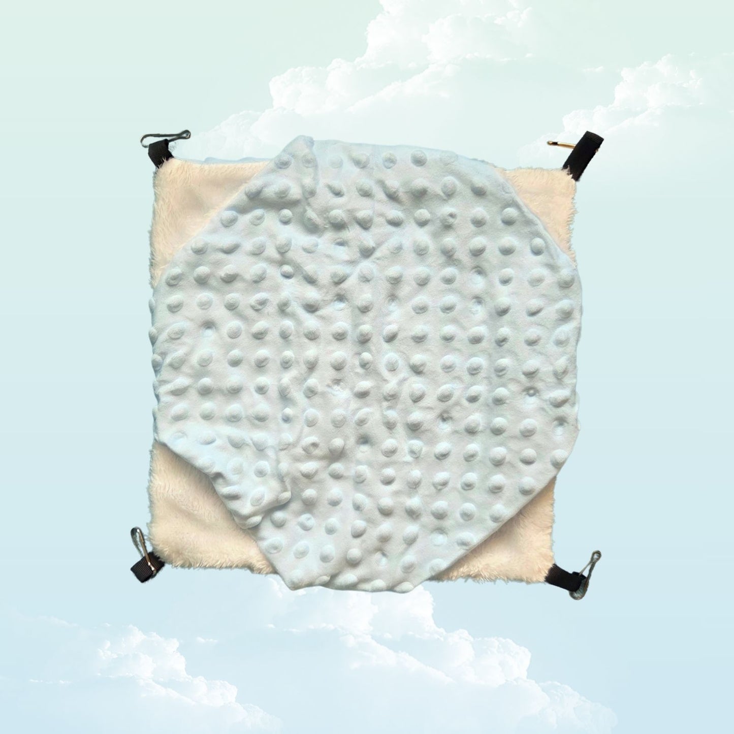 Double layer light blue and white minky fleece hammock for guinea pigs photographed from below — My Sleepy Friend