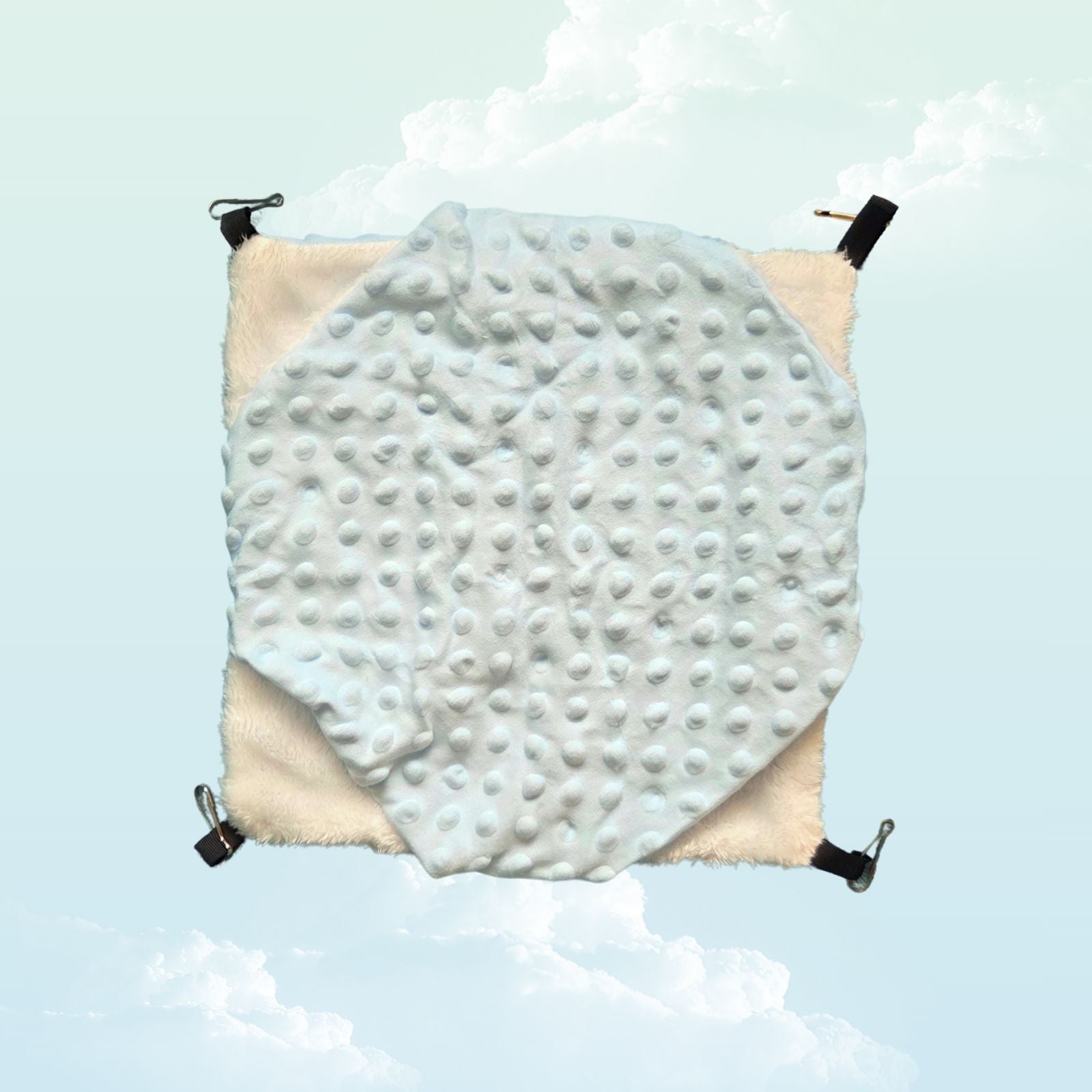 Double layer light blue and white minky fleece hammock for guinea pigs photographed from below — My Sleepy Friend