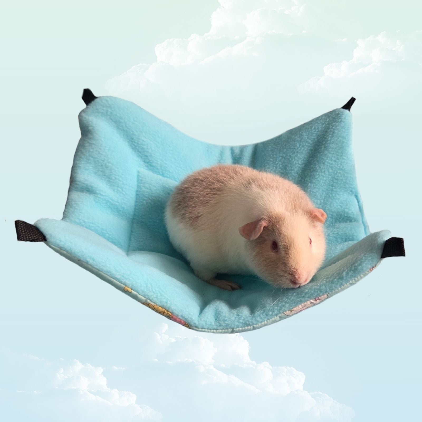 Handmade Reversible Snuggle Hammock for Small Animals - Blue Unicorns - fleece side with a guinea pig