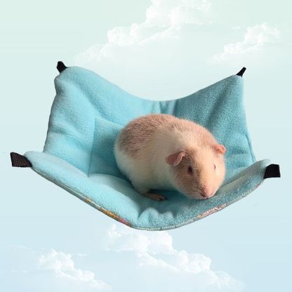 Handmade Reversible Snuggle Hammock for Small Animals - Blue Unicorns - fleece side with a guinea pig