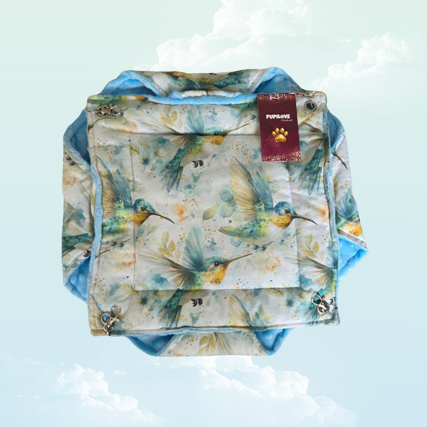 Handmade Double Layer Hammock for Small Animals 30x38cm - Baby Blue Minky Fleece and Hummingbird - above