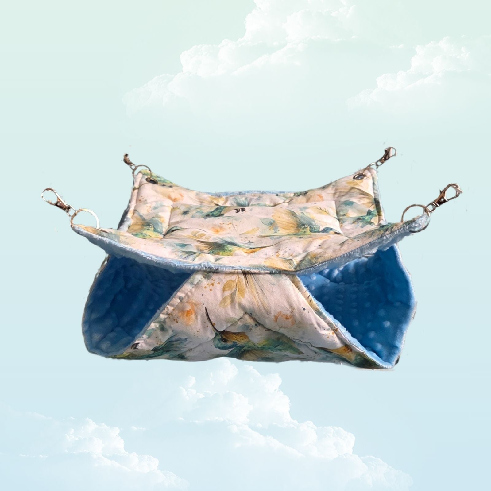 Handmade Double Layer Hammock for Small Animals 30x38cm - Baby Blue Minky Fleece and Hummingbird