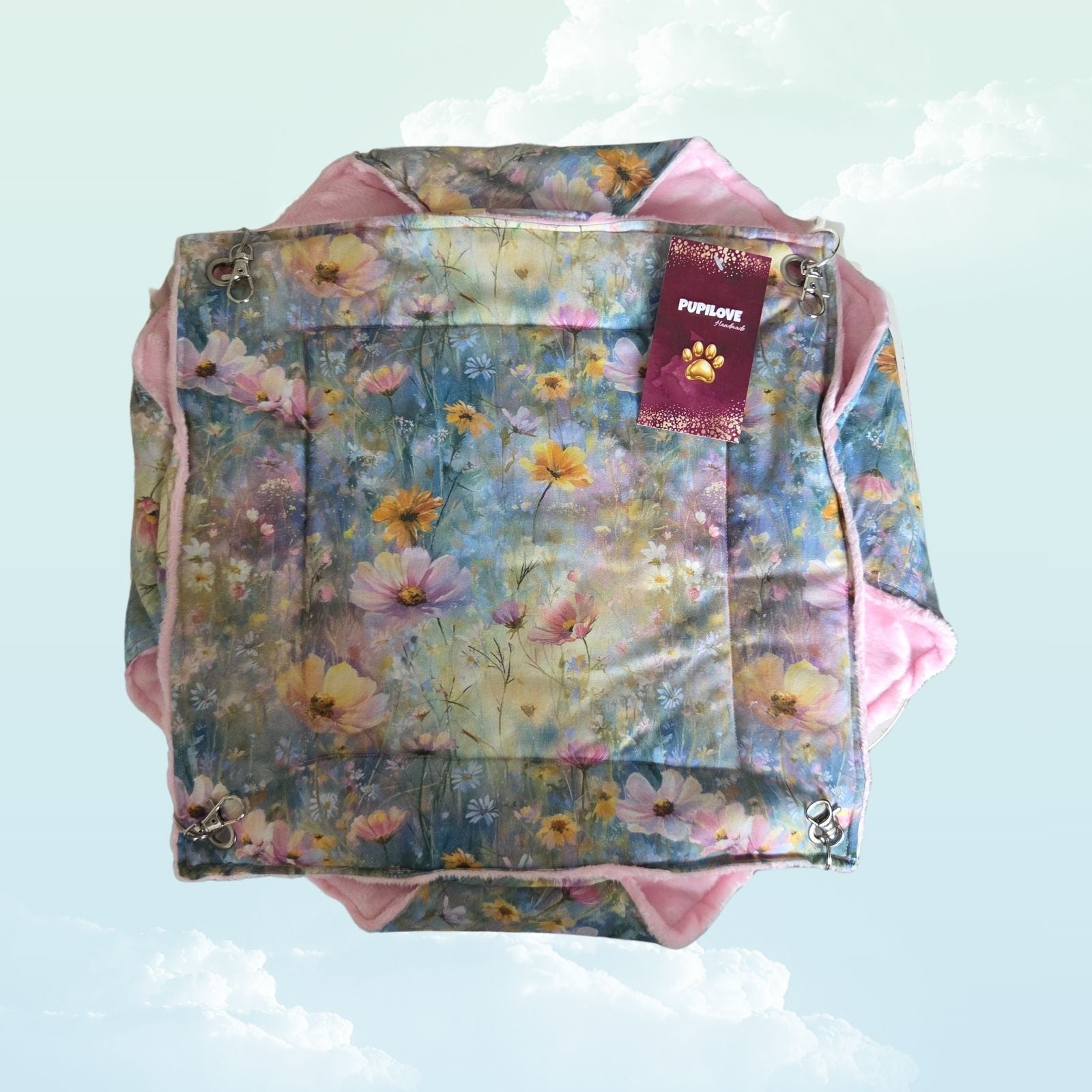 Handmade Double Layer Hammock for Small Animals 30x38cm - Pink Minky Fleece and Flowers - above