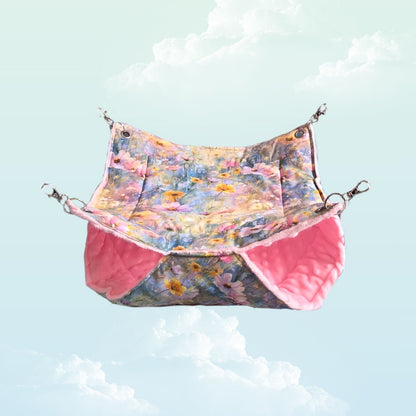 Handmade Double Layer Hammock for Small Animals 30x38cm - Pink Minky Fleece and Flowers