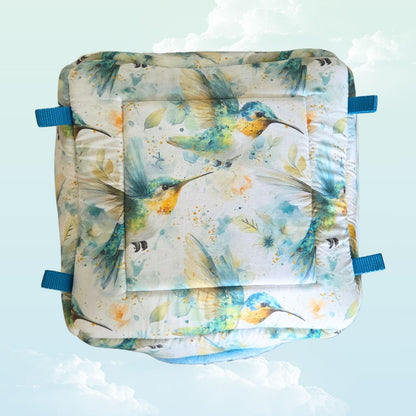 Handmade Hanging Fleece Cube Hideout for Small Animals 30x30cm - Baby Blue Minky Fleece and Hummingbird - Above