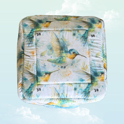 Handmade Hanging Fleece Cube Hideout for Small Animals 30x30cm - Baby Blue Minky Fleece and Hummingbird - Below