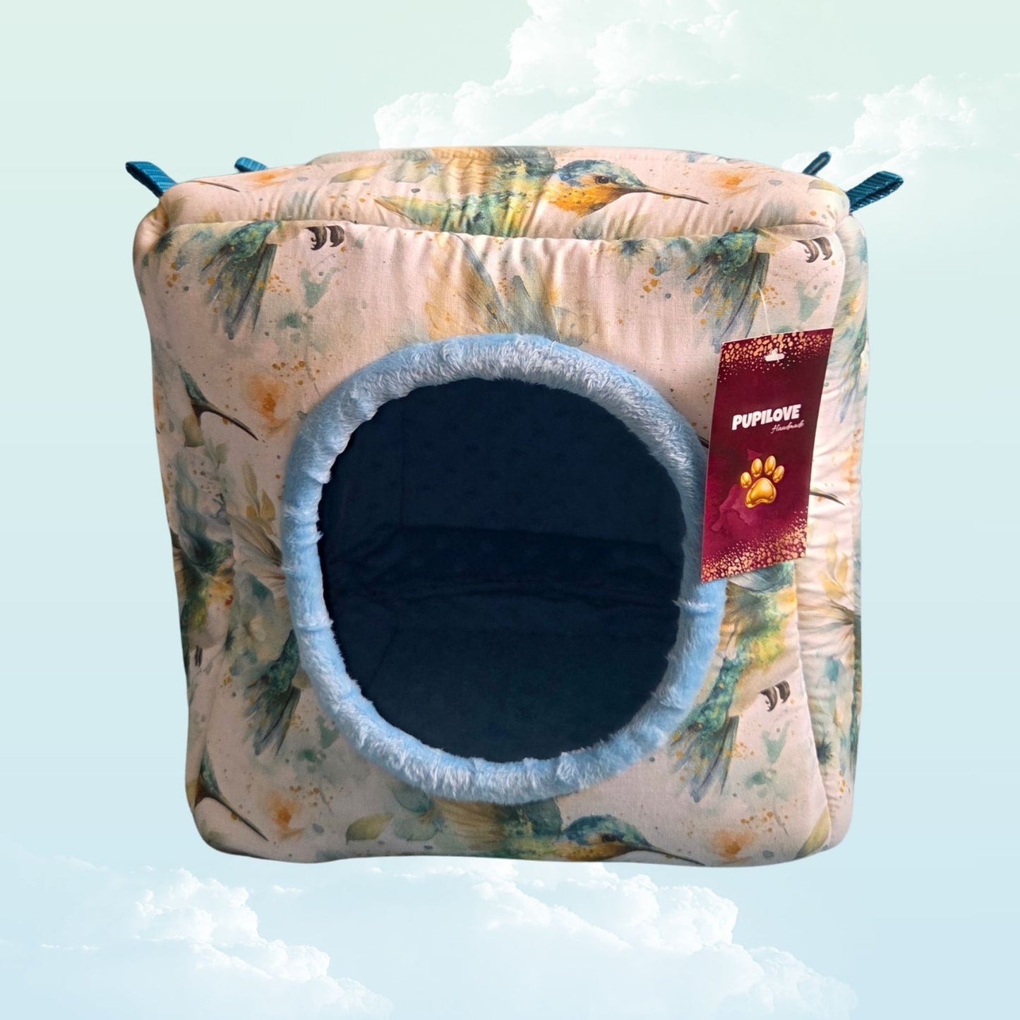 Handmade Hanging Fleece Cube Hideout for Small Animals 30x30cm - Baby Blue Minky Fleece and Hummingbird