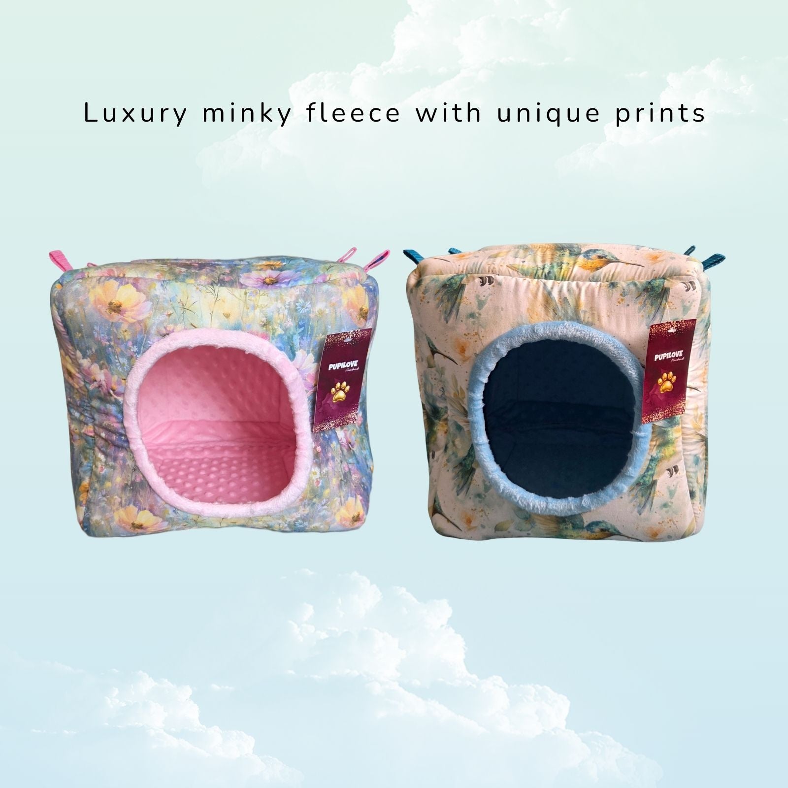 Handmade Hanging Fleece Cube Hideout for Small Animals 30x30cm - both colors