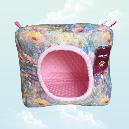 Handmade Hanging Fleece Cube Hideout for Small Animals 30x30cm - Pink Minky Fleece and Flowers