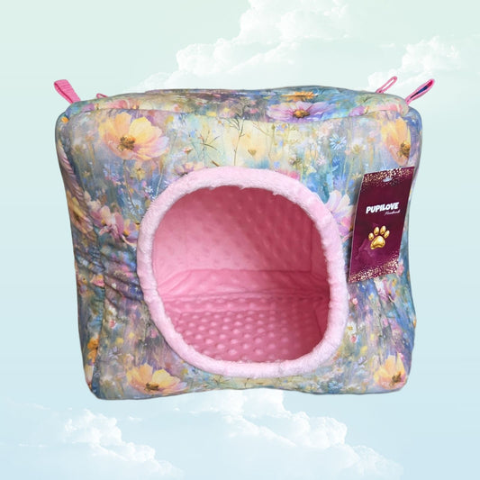 Handmade Hanging Fleece Cube Hideout for Small Animals 30x30cm - Pink Minky Fleece and Flowers