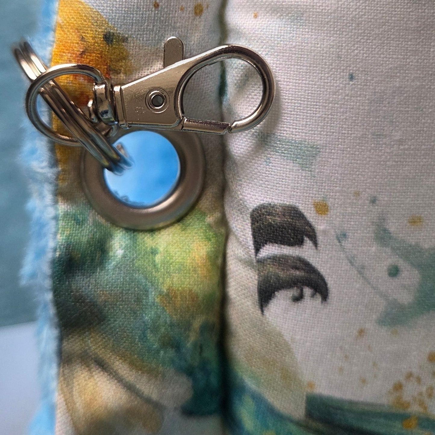 Handmade Hanging Fleece Tunnel for Small Animals 33cm - Baby Blue Minky Fleece and Hummingbird - close up