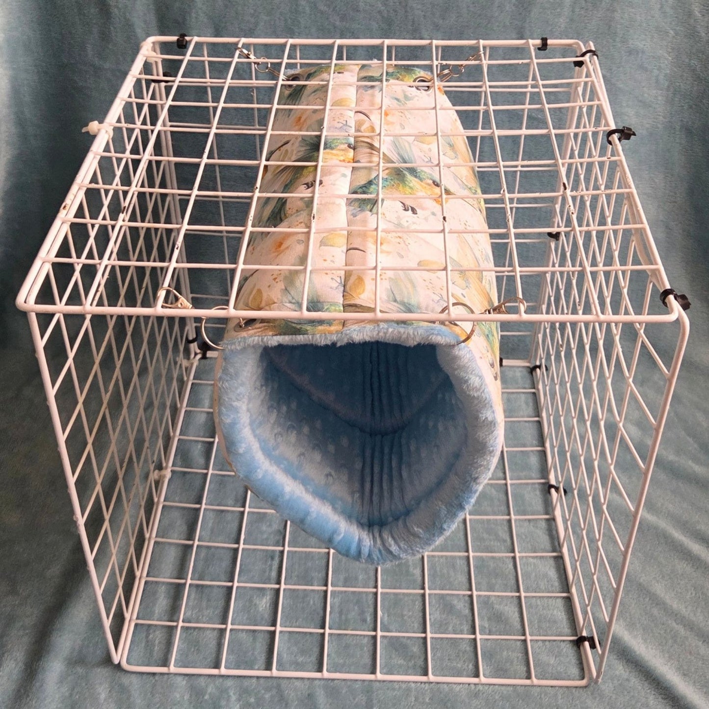 Handmade Hanging Fleece Tunnel for Small Animals 33cm - Baby Blue Minky Fleece and Hummingbird - with C&C grids