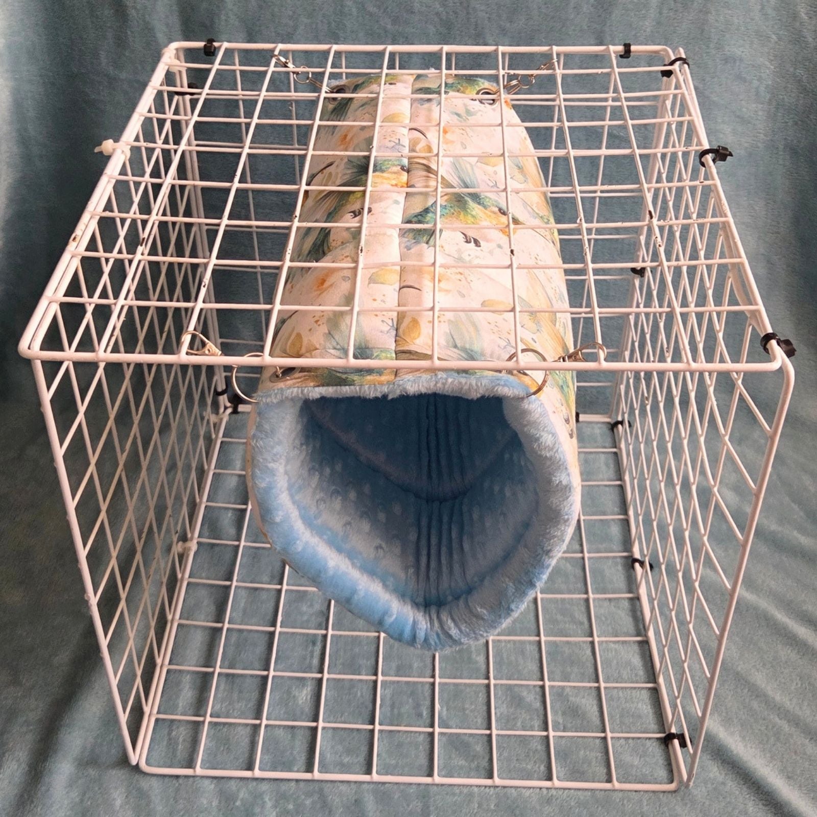 Handmade Hanging Fleece Tunnel for Small Animals 33cm - Baby Blue Minky Fleece and Hummingbird - with C&C grids