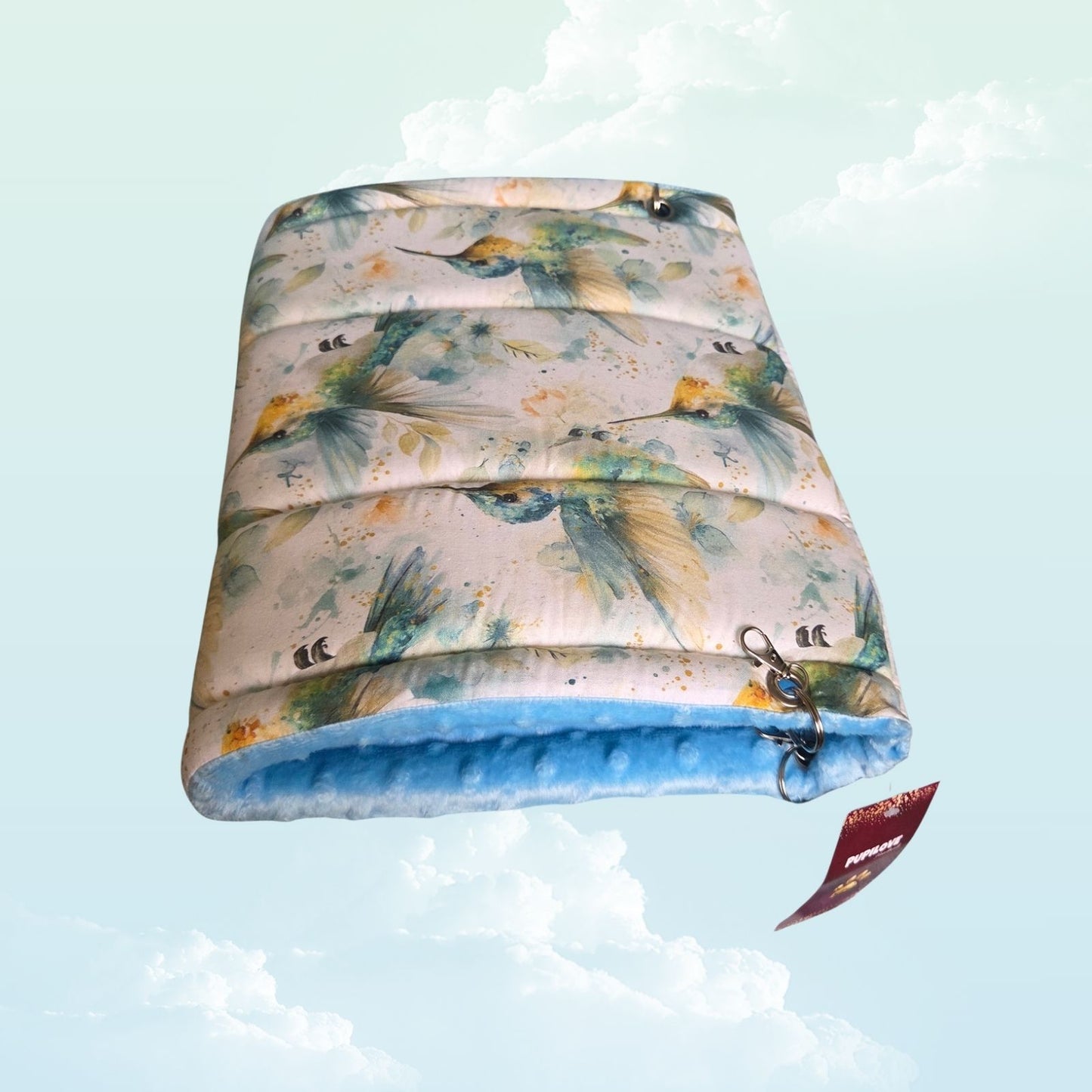 Handmade Hanging Fleece Tunnel for Small Animals 33cm - Baby Blue Minky Fleece and Hummingbird