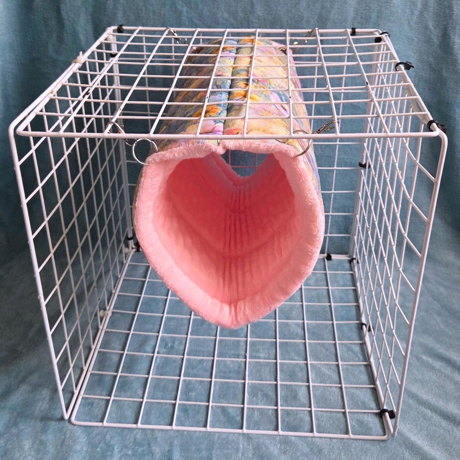 Handmade Hanging Fleece Tunnel for Small Animals 33cm - Pink Minky Fleece and Flowers - with C&C grids