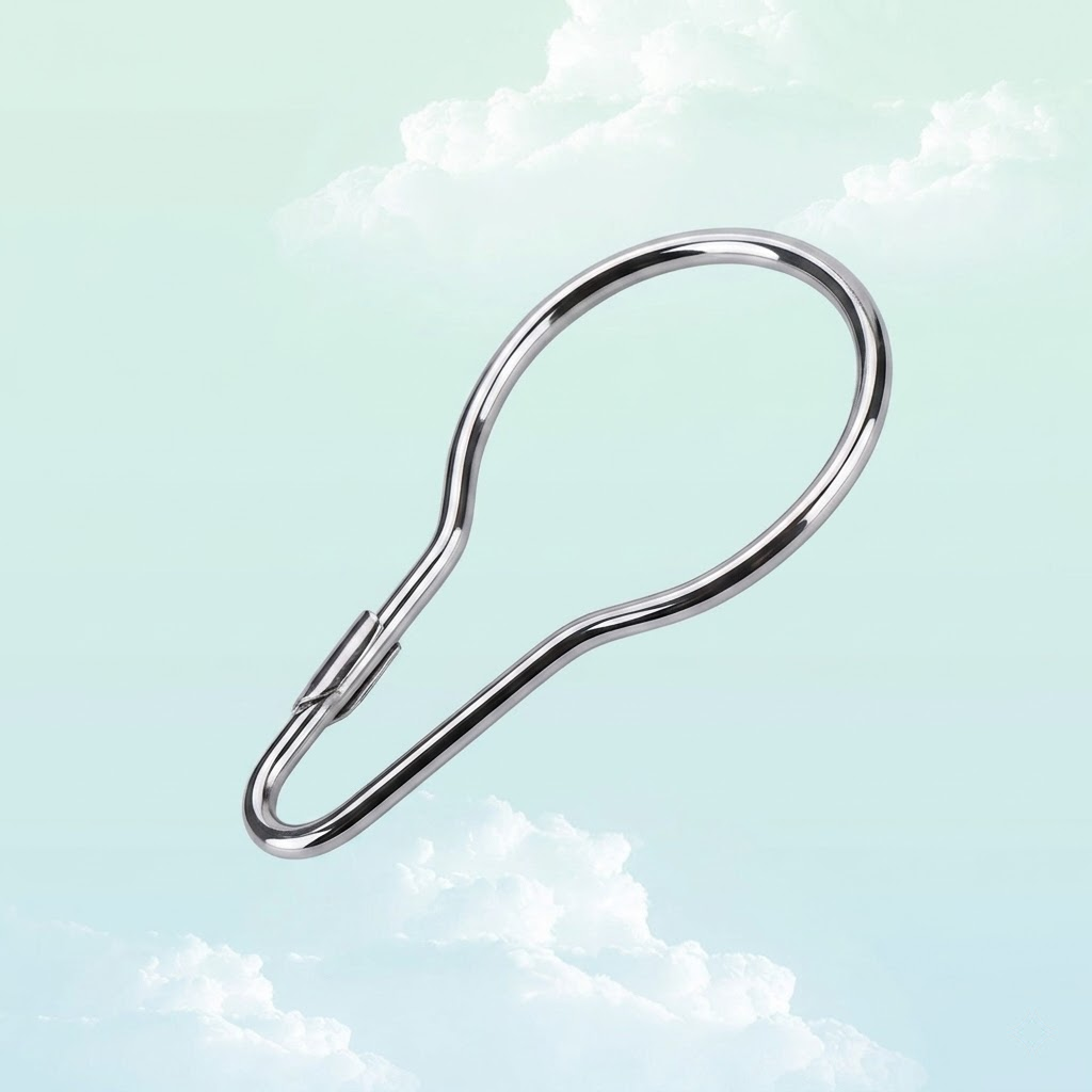 A pear-shaped stainless steel hanging hook for small pet cage accessories, displayed against a pastel blue sky with clouds
